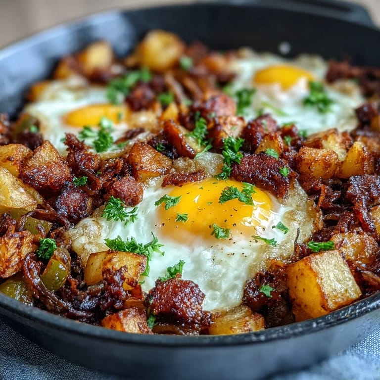 Golden corned beef hash skillet topped with perfectly cooked eggs, combining tender potatoes, savory corned beef, and fresh parsley for a classic breakfast.