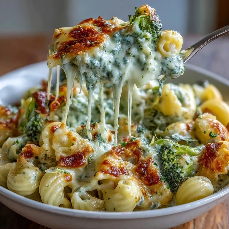 Bright green spinach and broccoli mac and cheese, topped with melted cheddar and Parmesan for extra richness.  