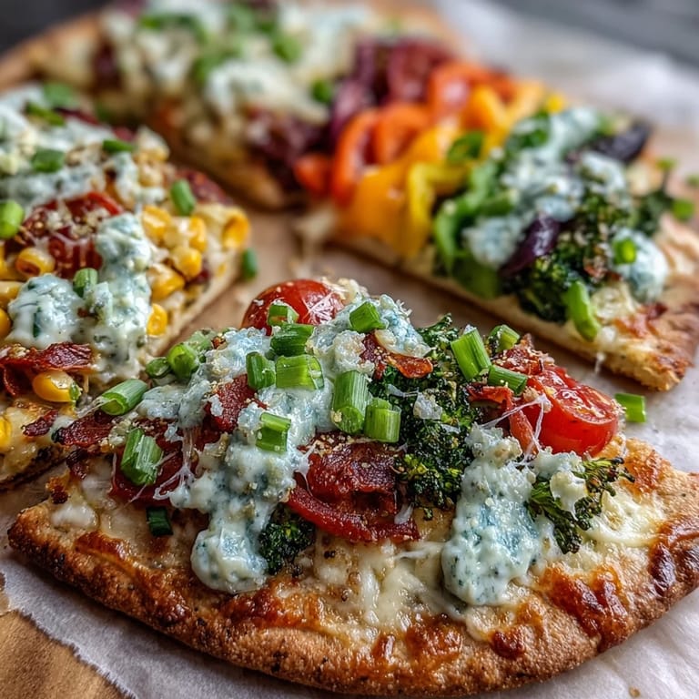 Healthy vegetarian St. Patrick's Day Rainbow Veggie Flatbread Pizza topped with spinach, cabbage, and a pot of gold olive garnish.