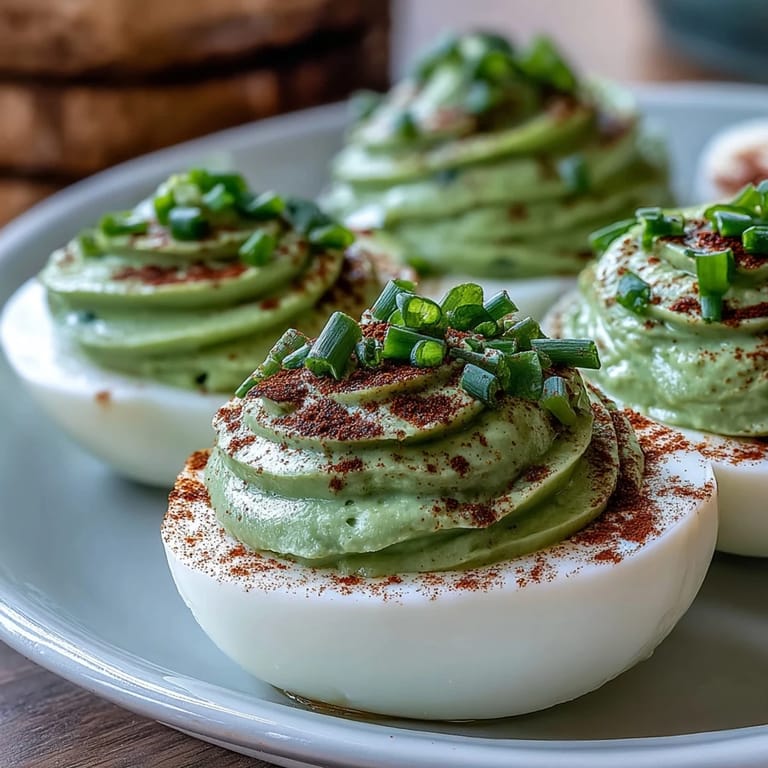 Bright and creamy avocado deviled eggs with a smooth filling, perfect for spring brunches or healthy party snacks.  