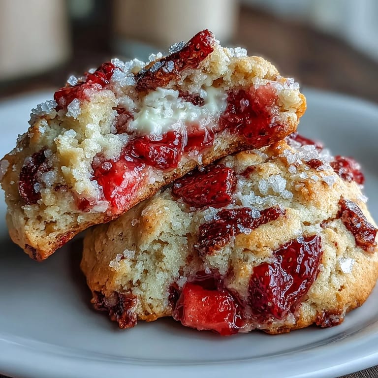 Close-up of cottage cheese strawberry shortcake cookies with a sprinkle of coarse sugar, showcasing their tender texture and berry-filled centers.