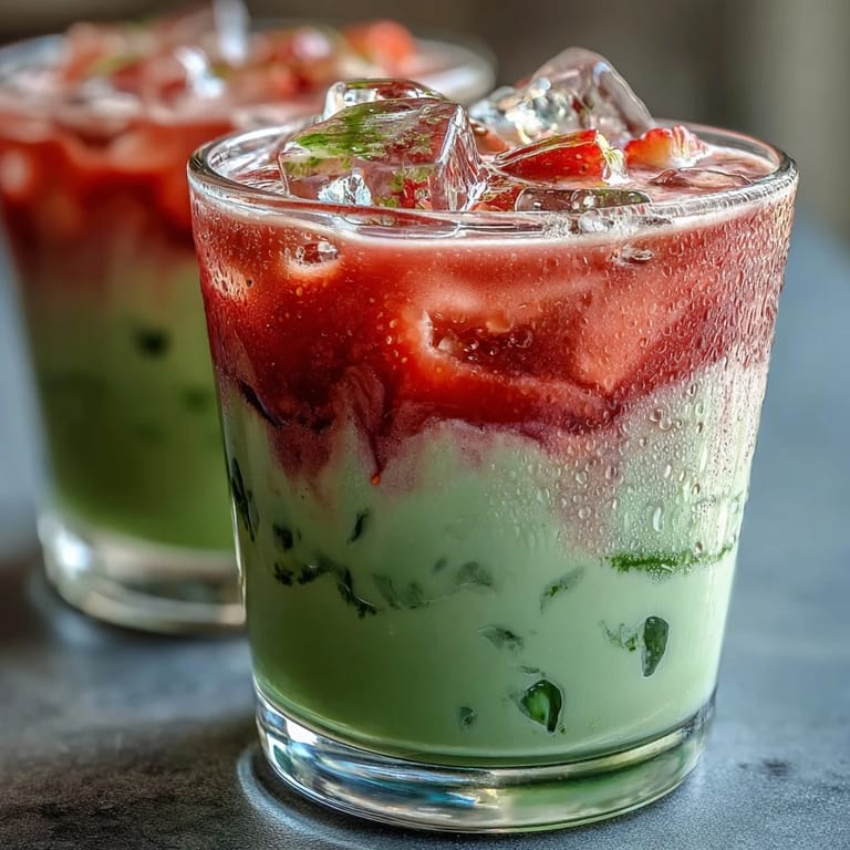 Refreshing layers of matcha green tea, coconut milk, and sweet strawberry blend in this dairy-free iced latte.  