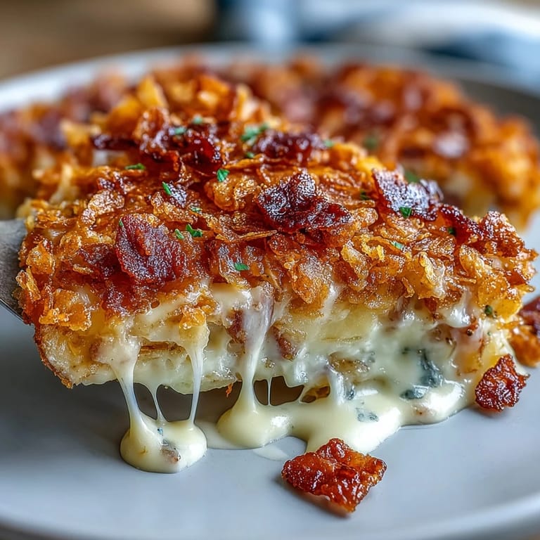 Warm funeral potatoes and ham breakfast skillet featuring creamy cheese sauce, tender potatoes, and a golden, crunchy topping.