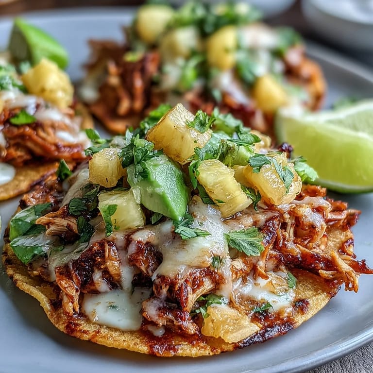 Colorful tostada shells topped with juicy shredded chicken, sweet pineapple salsa, and rich avocado for a delicious crunch.