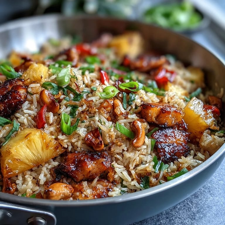 Sweet and savory pineapple chicken fried rice with tender chicken, crisp vegetables, and golden cashews, perfect for a quick dinner.