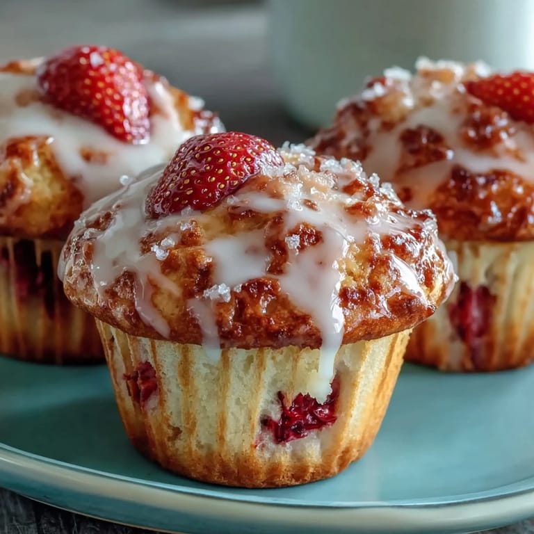 Fluffy strawberry muffins topped with a tangy lemon glaze, bursting with fresh fruit in every bite.  