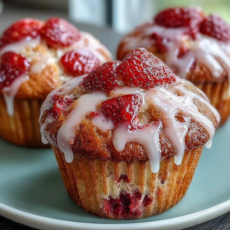 Moist strawberry muffins drizzled with a bright lemon glaze, ideal for a sweet morning treat or snack.