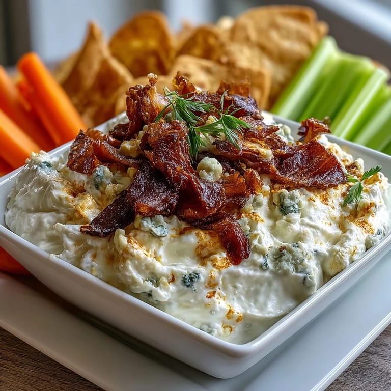 Overhead view of hot Buffalo chicken dip served with crisp celery and crackers on a rustic table.