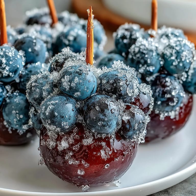 Vibrant frozen grape skewers rolled in lime sugar, a colorful and cooling snack, ideal for hot days.