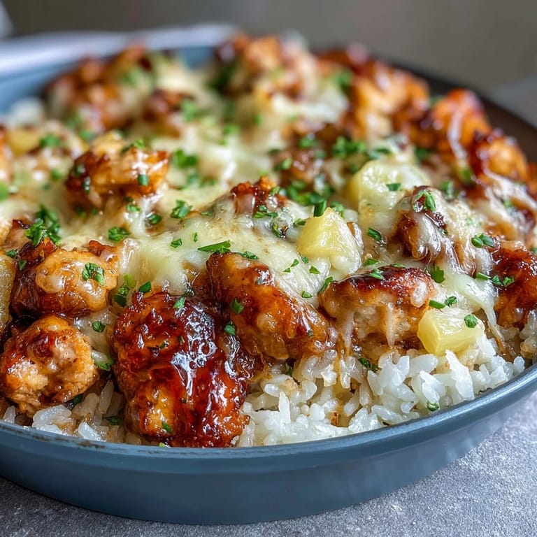 Cheesy Pineapple Chicken and Rice Casserole with tender chicken, juicy pineapple, and a golden, bubbly cheese topping for a comforting meal.