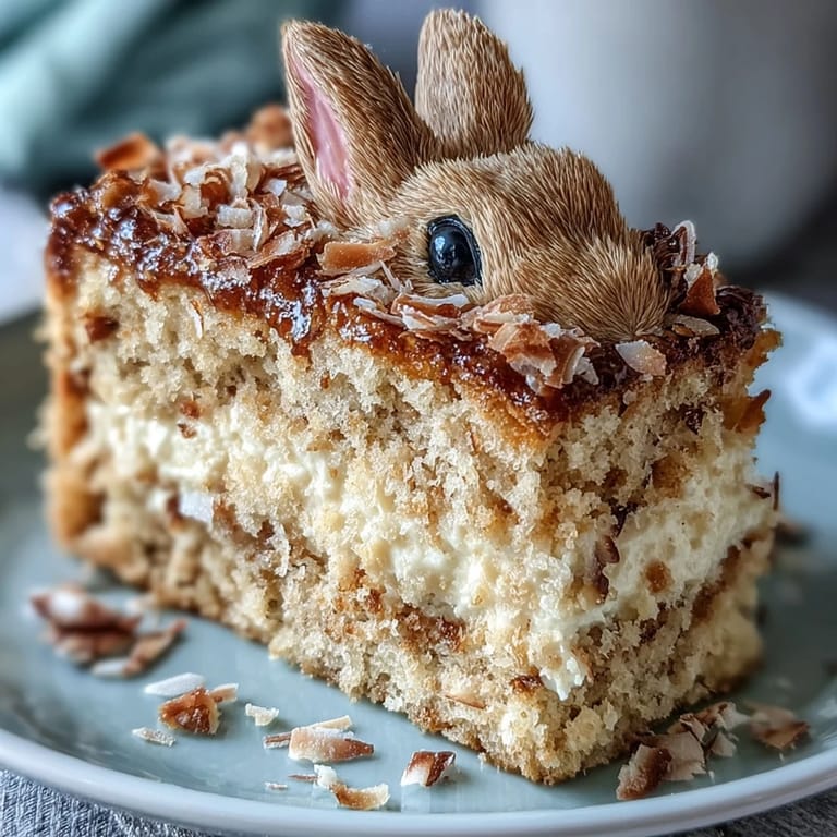 Adorable Sparkle Easter Bunny Cake, a moist vanilla cake decorated with pink ears, marshmallow cheeks, and golden sprinkles for an eye-catching holiday dessert.