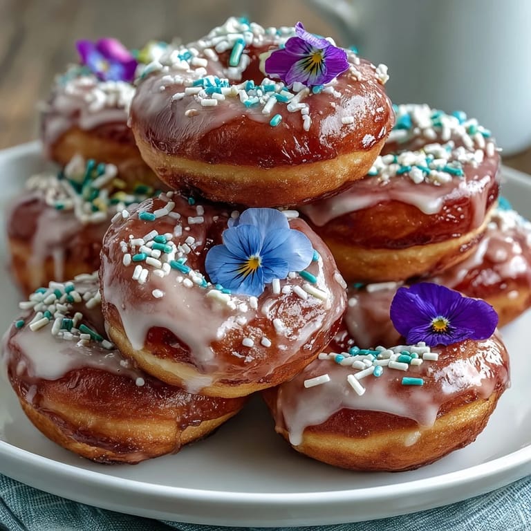 Delightful tower of glazed mini donuts accented with fresh edible blooms, a whimsical dessert centerpiece.