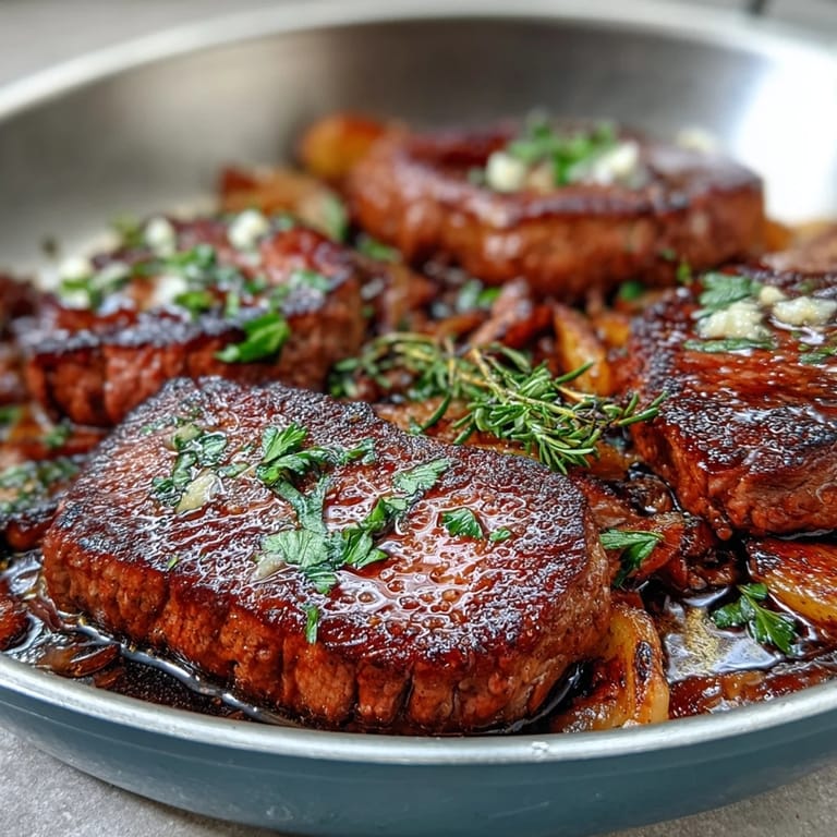 Tender sirloin steak cubes seared to juicy perfection mingle with crispy baby potatoes in a rich, aromatic garlic butter sauce, perfect for sharing.  