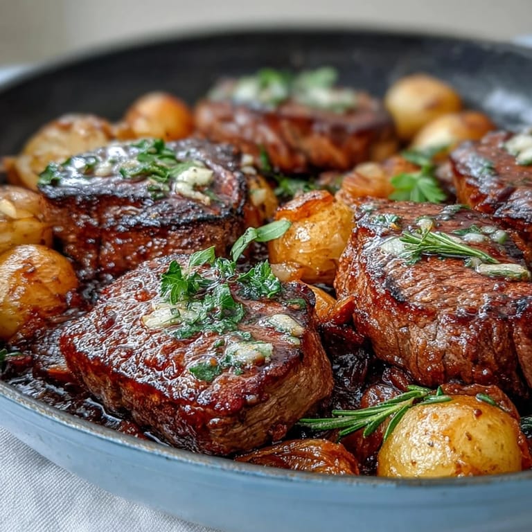 Flavorful steak bites and roasted potatoes tossed in garlic butter, accented with thyme and red pepper flakes, served on a rustic platter for a hearty main course.