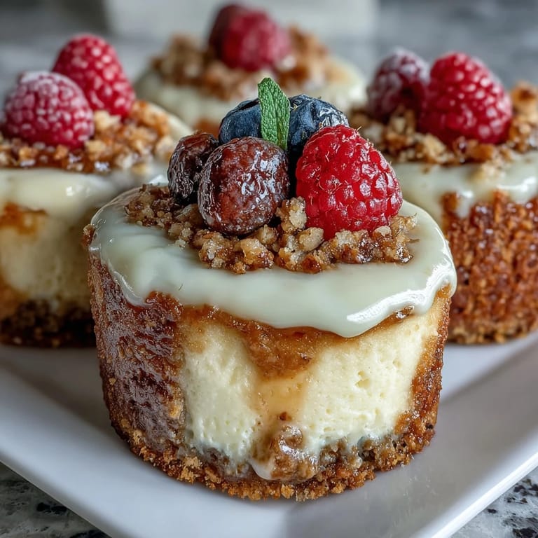 Bite-sized cheesecakes with golden graham cracker crust, smooth vanilla filling, and vibrant berry topping for special occasions.