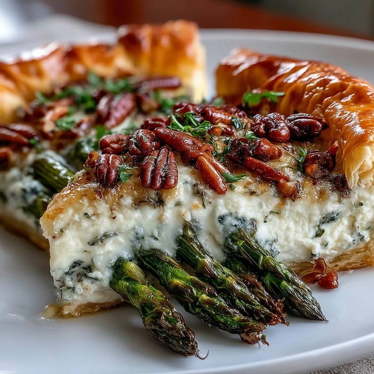 Asparagus tart with buttery puff pastry, melted cheese, and bright herbs, garnished with toasted pine nuts for a satisfying vegetarian main or starter.