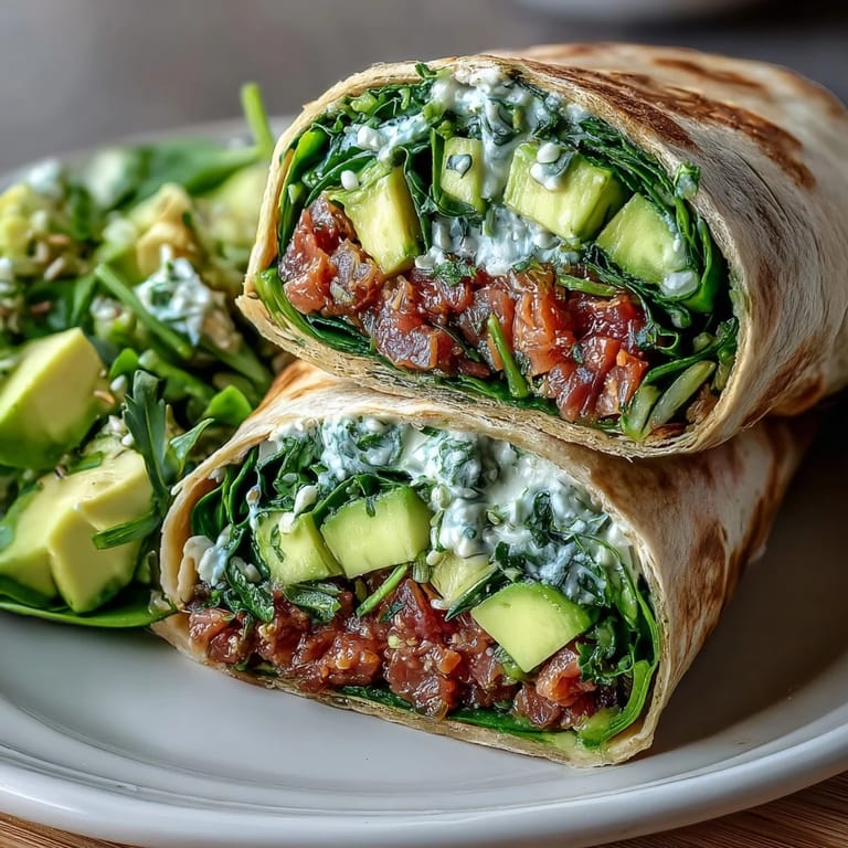 Protein-packed avocado tuna wraps with whole wheat tortillas, quick and easy for busy days.  