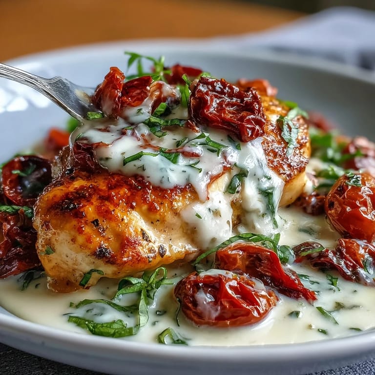 Creamy Tuscan Chicken with Sun-Dried Tomatoes in a rich, herb-infused sauce with wilted spinach and Parmesan.