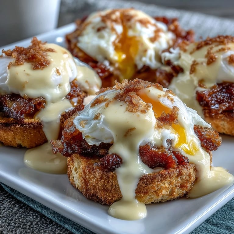 Rich and buttery hollandaise drizzled over poached eggs and Canadian bacon on golden English muffins for a decadent breakfast.