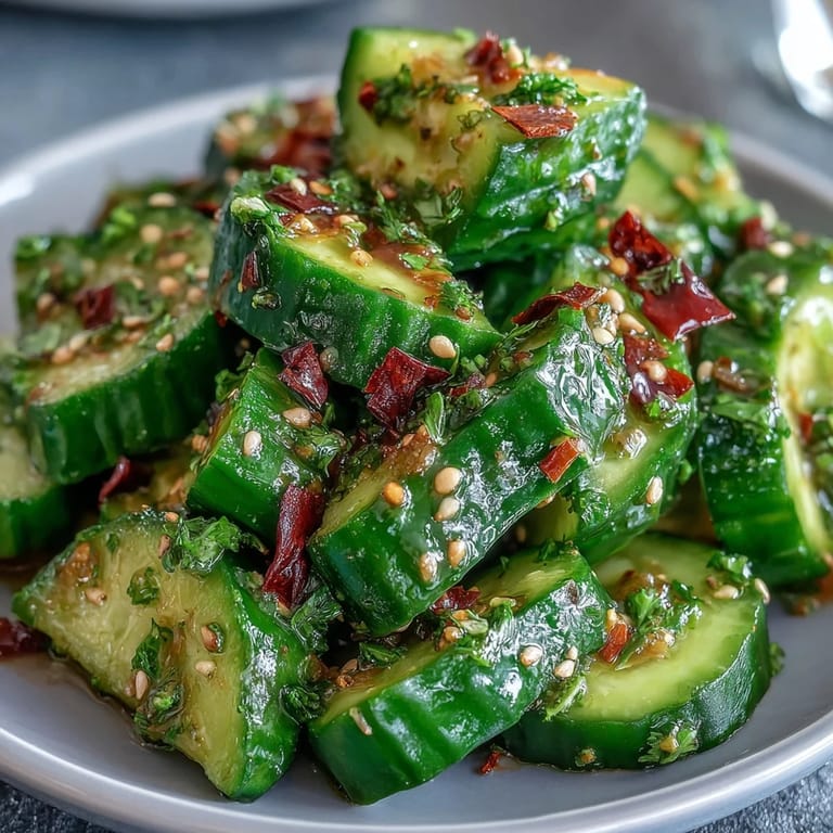 A refreshing smashed cucumber salad with tangy rice vinegar dressing and aromatic garlic chili oil, perfect as a light appetizer.