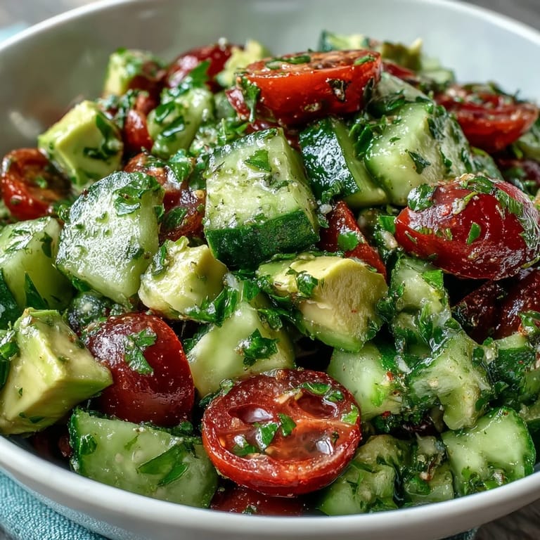 Refreshing cucumber and tomato salad with ripe avocado and zesty lemon dressing, ideal for a healthy lunch or vibrant side dish.