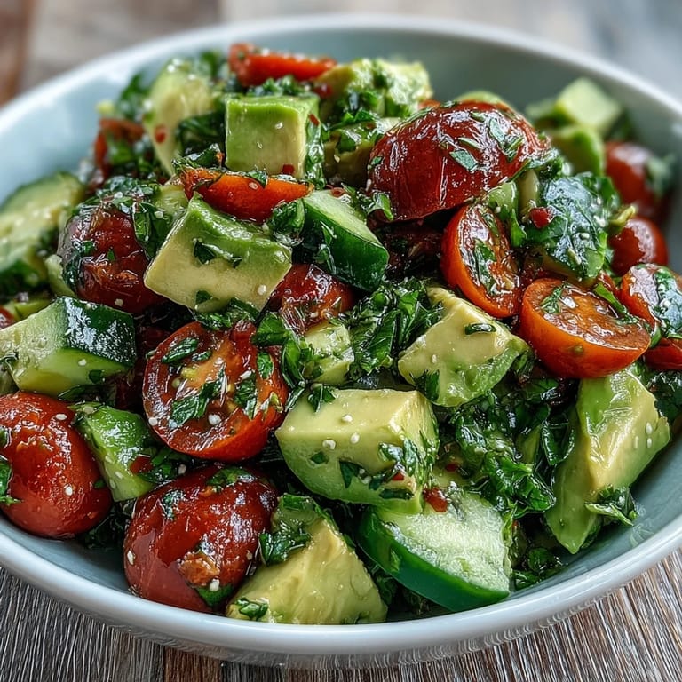 Crisp cucumber, juicy tomato, and creamy avocado salad drizzled with tangy lemon dressing, a colorful and nutritious vegetarian delight.