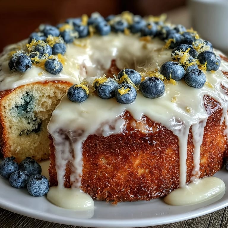 Moist lemon blueberry layer cake topped with luscious cream cheese frosting and edible flowers.