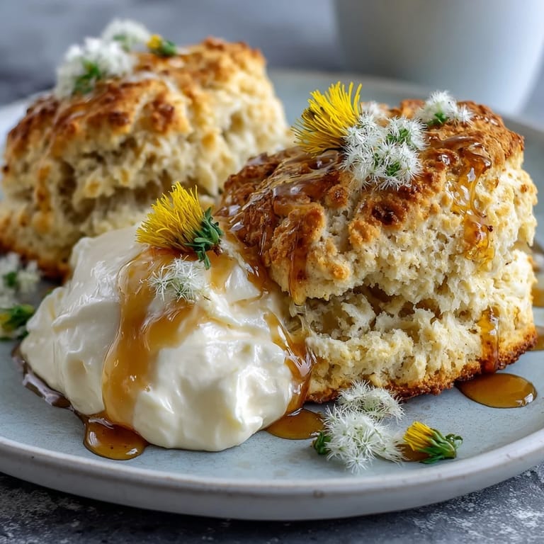 Floral dandelion honey scones, golden and tender, topped with a drizzle of honey and clotted cream for a British-inspired treat.