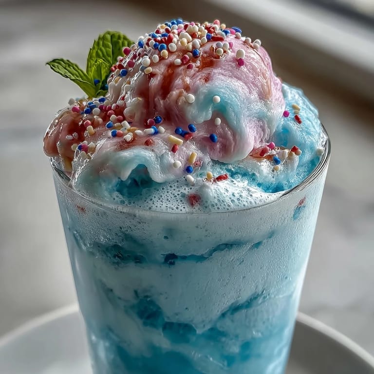 Dreamy cotton candy lemonade float with vibrant blue cotton candy dissolving into tangy lemonade, topped with a scoop of vanilla ice cream and festive sprinkles.