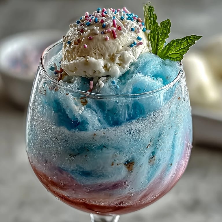 Refreshing cotton candy lemonade float featuring sweet pink cotton candy melting into cold lemonade, served with a scoop of vanilla ice cream and fresh mint garnish.