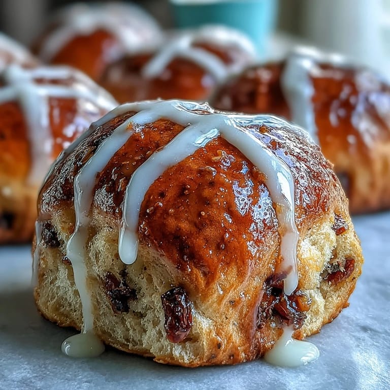 Golden hot cross buns with orange glaze, soft and aromatic, studded with dried currants for a traditional British treat.