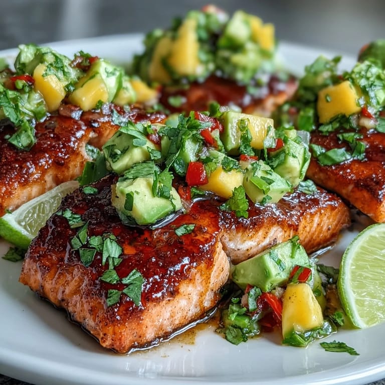 Golden baked salmon fillets with vibrant mango avocado salsa, garnished with fresh cilantro and lime wedges.  