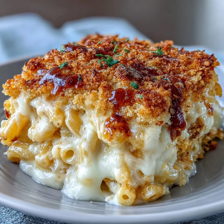 A comforting macaroni and cheese bake, featuring creamy cheese sauce and a crunchy breadcrumb crust.