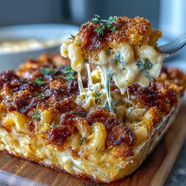 Baked mac and cheese casserole, golden and bubbly, with velvety cheddar-Gruyère sauce and crispy topping.