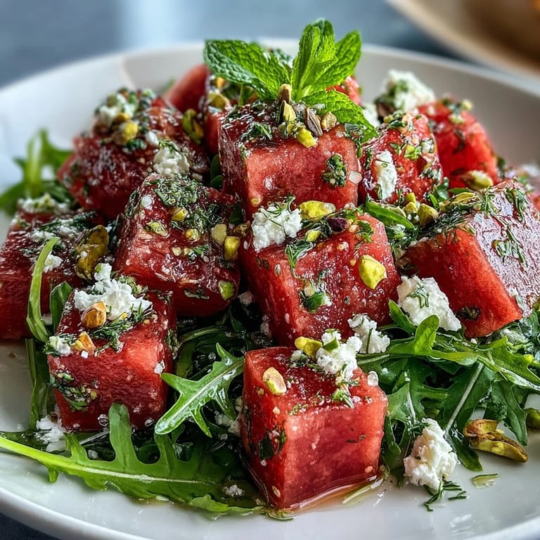 Refreshing Watermelon and Arugula Salad featuring sweet melon, crisp arugula, tangy feta, and a honey-lime vinaigrette for a perfect summer bite.