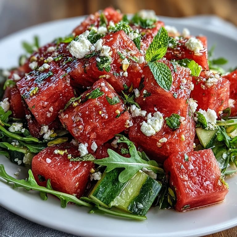 Colorful Watermelon and Arugula Salad with fresh mint, crunchy cucumbers, crumbled feta, and roasted pistachios in a bright, healthy dish.