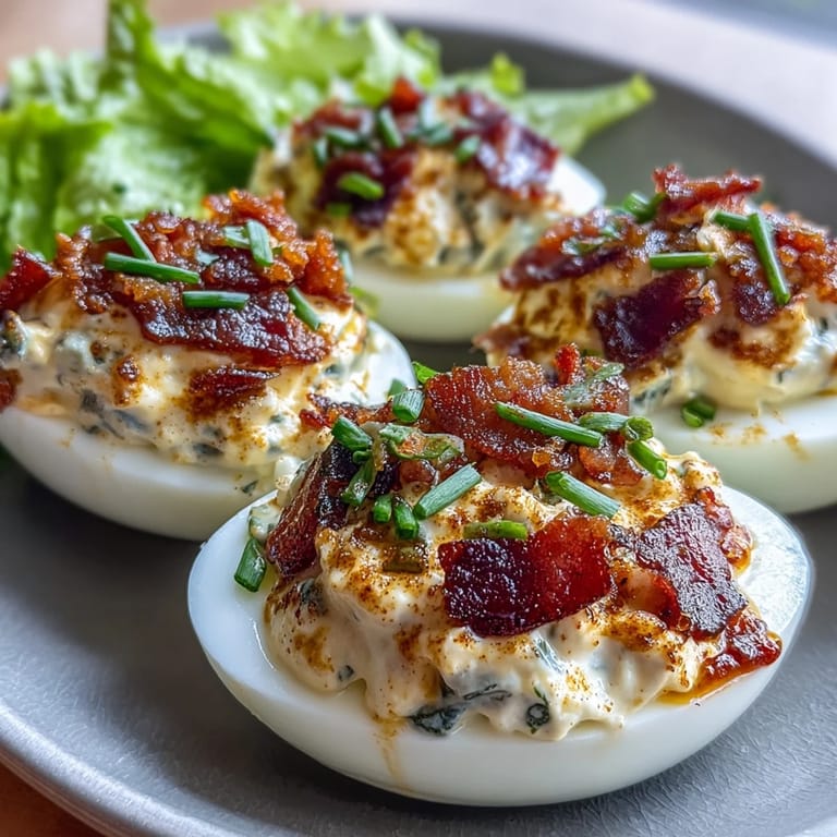 Creamy BLT deviled eggs topped with crispy bacon, fresh lettuce, and juicy tomatoes create a fun twist on a classic favorite.