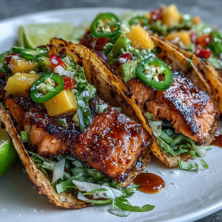 Colorful grilled salmon tacos topped with zesty mango salsa, served on warm corn tortillas.  