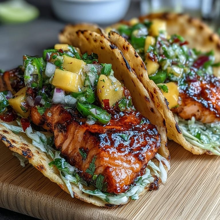 Fresh grilled salmon tacos loaded with mango salsa, cabbage, and lime, ideal for healthy meals.