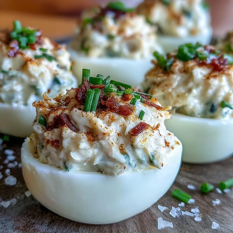 Old Bay Crab Deviled Eggs: bite-sized appetizers with rich crab filling, finished with a sprinkle of Old Bay and fresh chives.