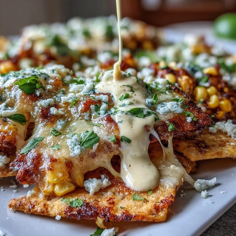 A vibrant platter of nachos loaded with sautéed corn, red onion, jalapeño, and crumbled cotija, drizzled with smoky chipotle crema.