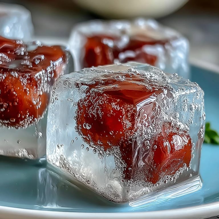 Translucent lychee agar jelly cubes float in chilled sparkling yuzu water with a hint of sweetness.