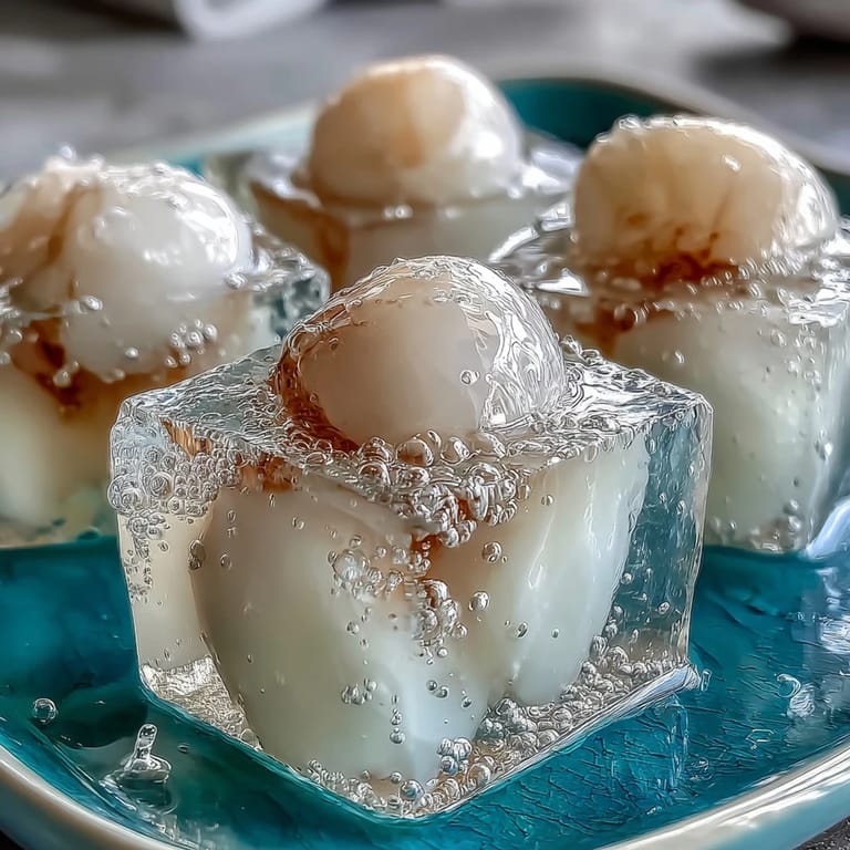 Elegant lychee agar jelly cubes served in sparkling yuzu water, garnished with mint and citrus slices.
