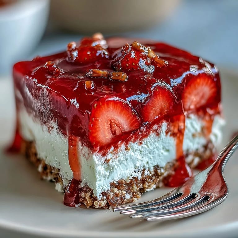 Sweet and salty pretzel crust topped with strawberries and strawberry gelatin dessert.