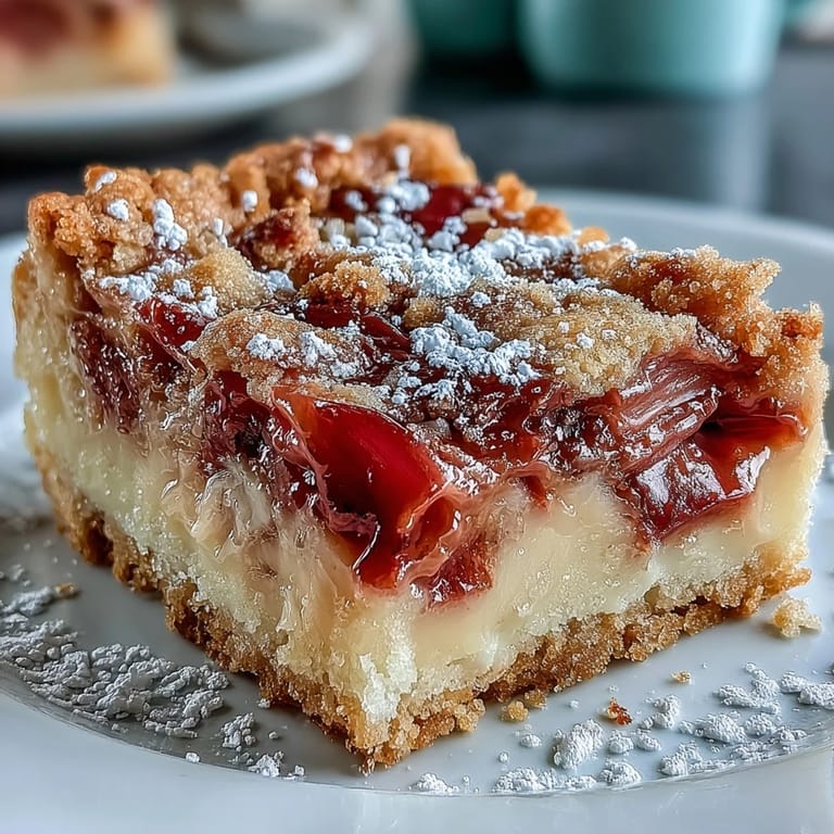 Golden shortbread base layered with fresh rhubarb and silky vanilla custard, a perfect springtime treat.  