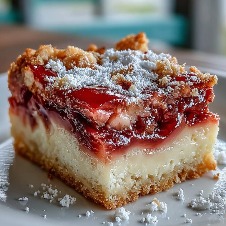 Rich custard and tart rhubarb nestled on a crisp shortbread crust, dusted with powdered sugar.