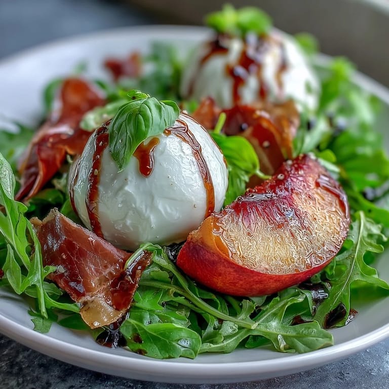 Burrata and peach salad with prosciutto, fresh basil, and tangy balsamic dressing, perfect for summer dining.