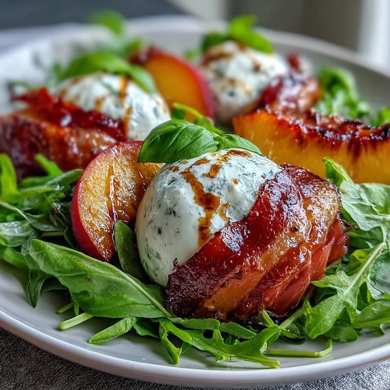 Sweet ripe peaches and creamy burrata paired with prosciutto slices on vibrant greens, drizzled with balsamic glaze.