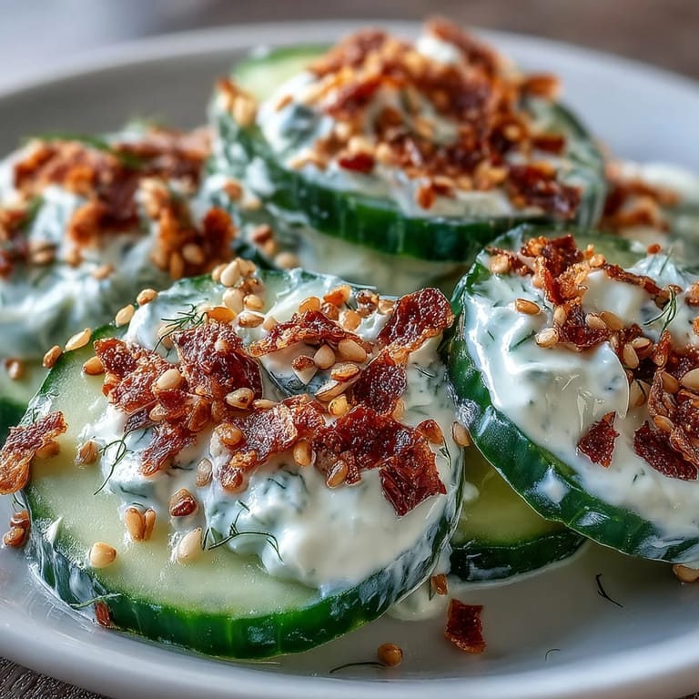 Crisp cucumber salad with tangy cream cheese dressing, perfect for your next potluck.