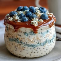 1. Creamy overnight oats with chia seeds and fresh blueberries, layered in glass jars for easy meal prep and a healthy breakfast.